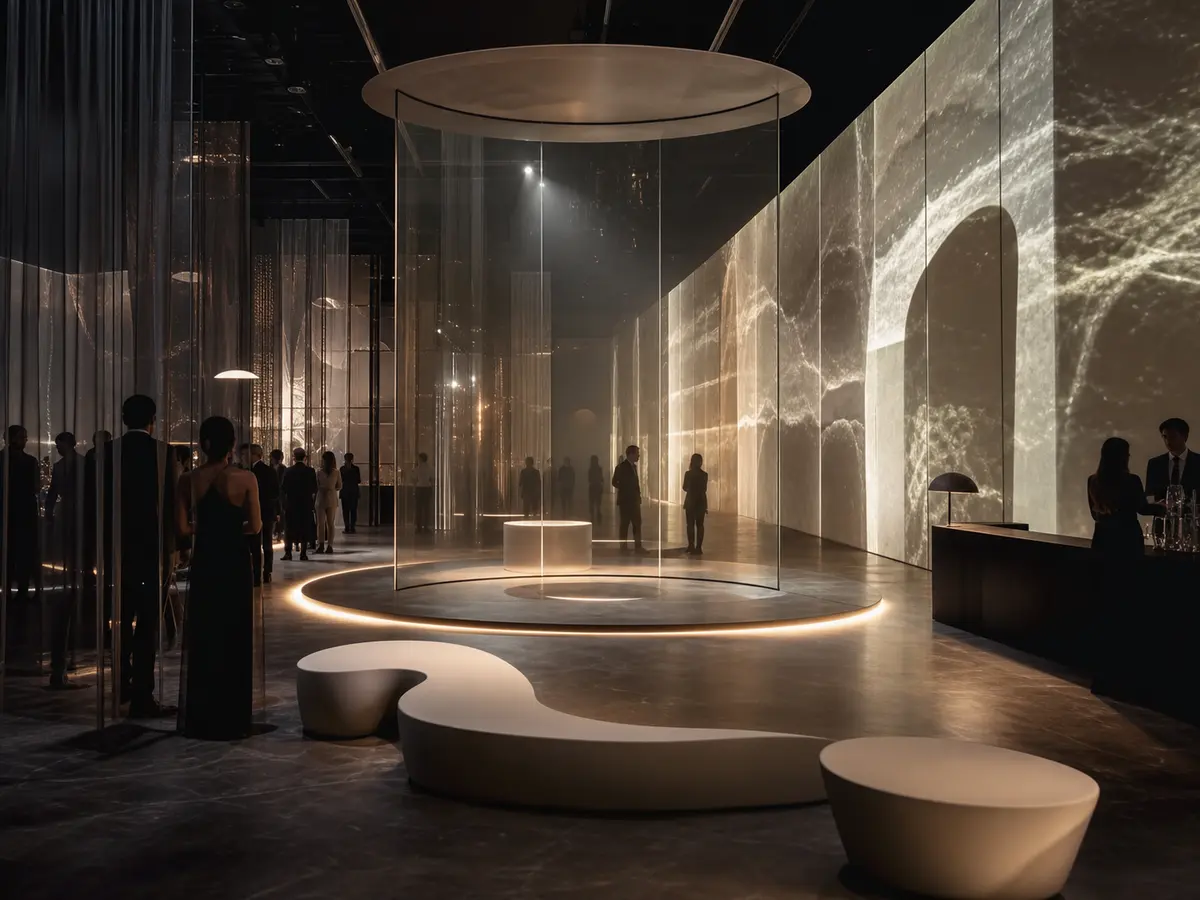 A luxury launch atmosphere with projection-mapped walls and sculptural lighting.