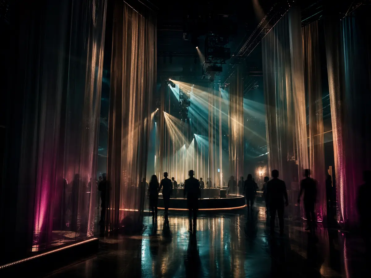 An immersive nightlife production space with translucent curtains, beams of light, reflective floors, and guest silhouettes.